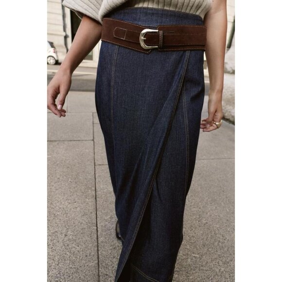 ZARA Z1975 BELTED DENIM MIDI WRAP SKIRT - Picture 4 of 9
